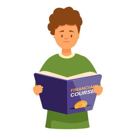 Young man is standing and holding a book about financial courses, expanding his knowledgeのイラスト素材