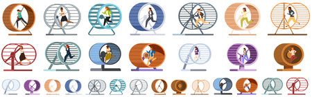 Woman running hamster wheel icons set. Business people running in hamster wheel set. Employees working hard metaphor. Routine rat race concept. Office workers characters trying to get promotionのイラスト素材