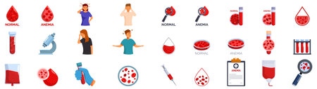 Aemia icons set. Medical set of icons representing anemia, showing symptoms, diagnosis and treatment of this diseaseのイラスト素材