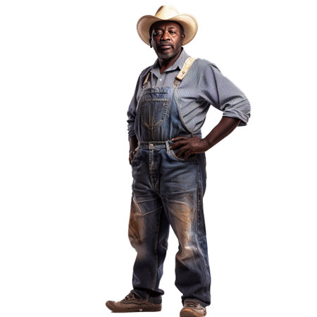 Mature african american farmer wearing dirty overalls and a straw hat is standing with his hands on his hipsの素材