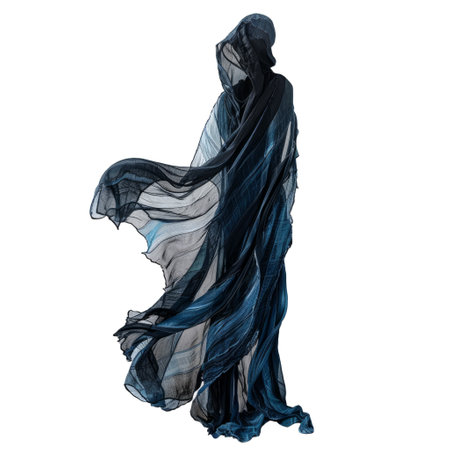 Mysterious figure wearing a flowing blue garment is posing in a studio settingの素材