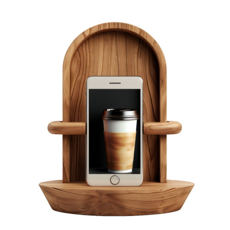 Modern smartphone showing take away coffee cup standing on wooden phone holder on white backgroundの素材