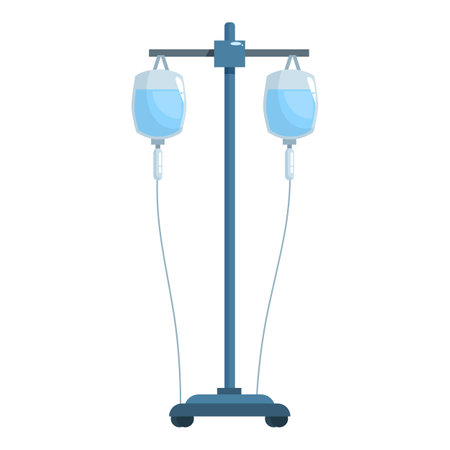 Medical equipment is standing on a tripod with two reservoirs filled with saline solution for intravenous infusionsのイラスト素材