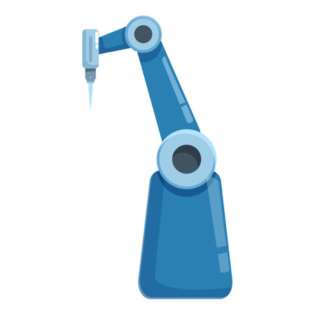 Modern blue robotic arm performing a task in a factory settingのイラスト素材