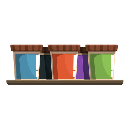 Five colorful glass jars with wooden lids are sitting on a shelfのイラスト素材