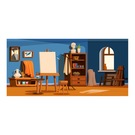 Art studio interior with an empty easel and painting tools, bathed in natural lightのイラスト素材