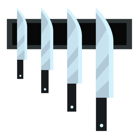 Set of five kitchen knives of different sizes is hanging on a magnetic strip holderのイラスト素材