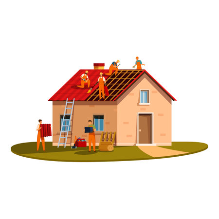 Construction workers team wearing orange uniform repairing house roof using professional equipmentのイラスト素材