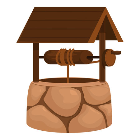 Cartoon illustration of an old stone well with a wooden roof, a bucket hanging on a rope, used to get water from undergroundのイラスト素材