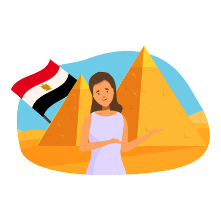 Tour guide is presenting the egyptian pyramids while holding the national flagのイラスト素材