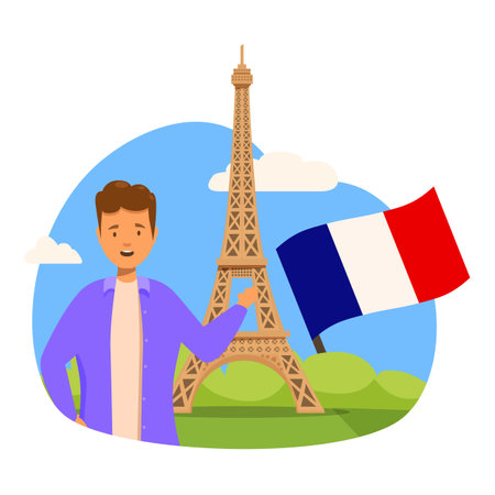 Smiling man is presenting the eiffel tower and holding a french flagのイラスト素材