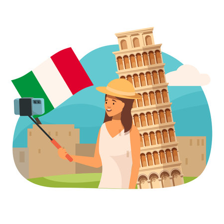 Young tourist taking selfie with italian flag and leaning tower of pisaのイラスト素材