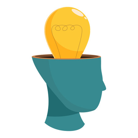 Cartoon illustration of a human head containing a glowing light bulb, representing the concept of an ideaのイラスト素材