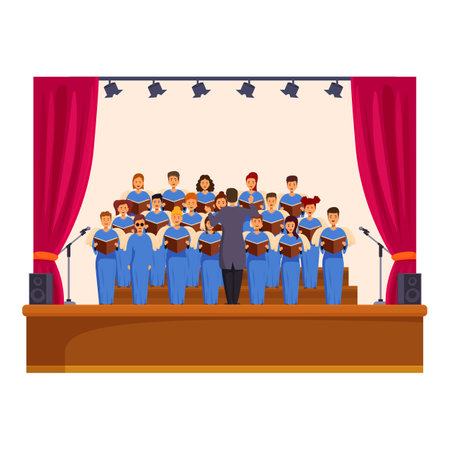 Choir is performing on stage, singing in unison and holding songbooks, while their conductor guides themのイラスト素材