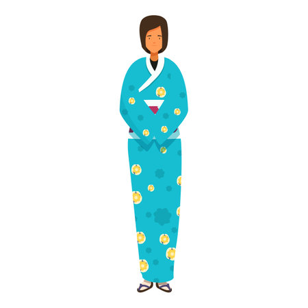 Young japanese woman standing and wearing a beautiful traditional turquoise kimono dress with floral patternのイラスト素材