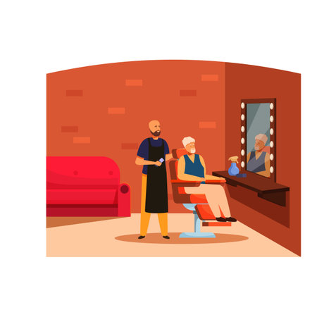 Barber standing next to senior customer sitting in barber chair getting hair cut in barbershopのイラスト素材
