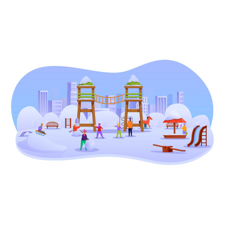 Children playing making snowman winter city park playground having fun outdoors leisure activityのイラスト素材