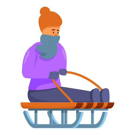 Young woman is enjoying a winter day outdoors, bundled up in warm clothing and riding a classic wooden sledのイラスト素材