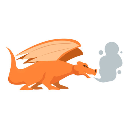 Cartoon illustration of a big orange dragon breathing smoke on white backgroundのイラスト素材