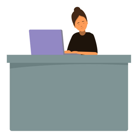 Exhausted office worker is sleeping at her desk, her head resting on the keyboard of her laptopのイラスト素材