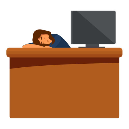 Office worker sleeping at desk, feeling exhausted and overworked after using computerのイラスト素材