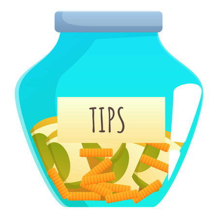 Glass transparent tip jar with a label saying tips is filling up with money and coinsのイラスト素材