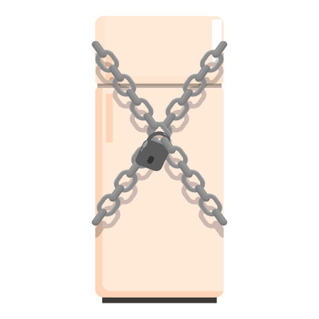 Refrigerator is wrapped in chains, secured with a padlock, symbolizing the challenges of dieting and resisting unhealthy foodのイラスト素材