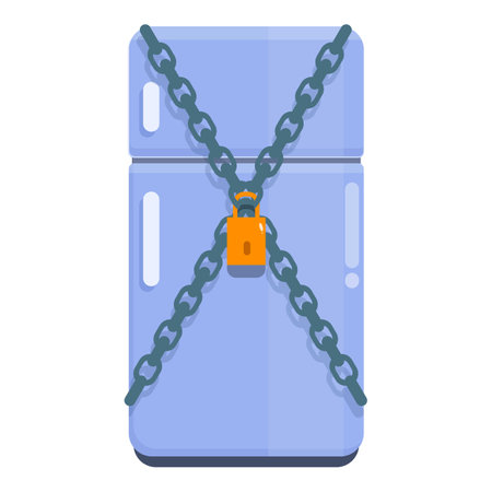 Refrigerator is secured with chains and a padlock, representing the concept of food security and accessのイラスト素材