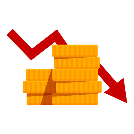 Stack of golden coins is decreasing while a red arrow is pointing down representing a financial crisisのイラスト素材