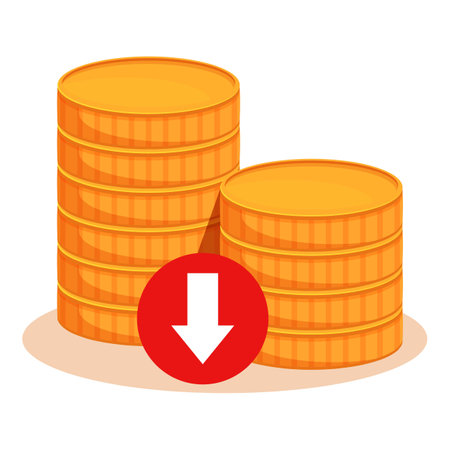 Stacks of gold coins decreasing with a red down arrow, representing economic crisisのイラスト素材