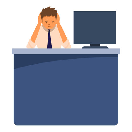 Businessman covering ears feeling tired and stressed working on computer at office deskのイラスト素材