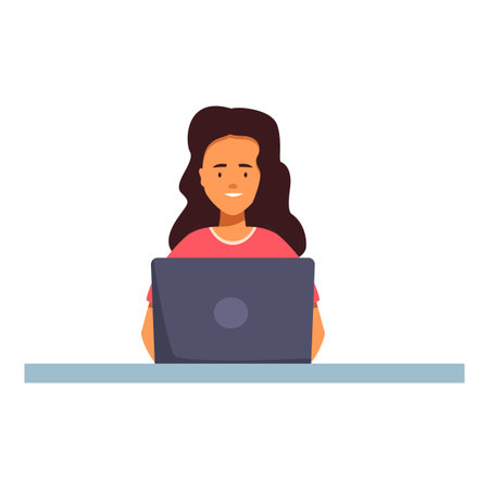 Young woman is working from home, sitting at her desk and using her laptopのイラスト素材