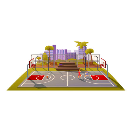 Two basketball players are practicing on an outdoor court, showcasing the dynamic world of street basketballのイラスト素材