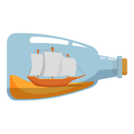 Classic ship in a bottle resting on sand inside a clear glass bottle with a corkのイラスト素材