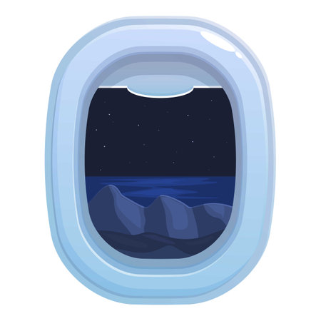 View of mountains and a sea through an airplane window at nightのイラスト素材