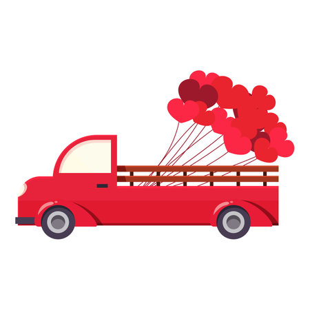 Red pickup truck carrying heart shaped balloons for valentines dayのイラスト素材