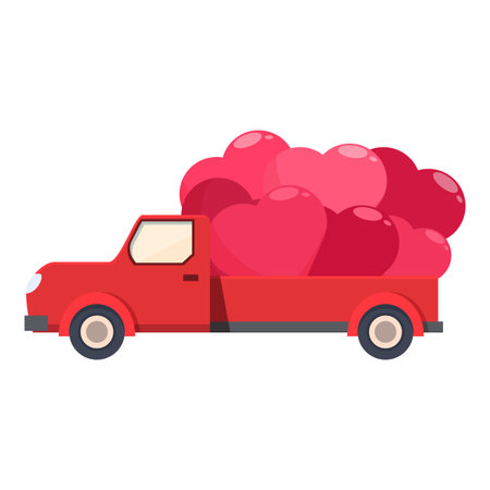 Red pickup truck is delivering a full load of giant pink heartsのイラスト素材