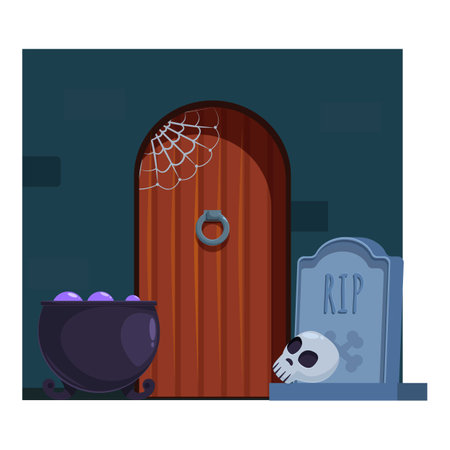 Cartoon illustration featuring an old wooden door with cobwebs, a tombstone, and a cauldron, creating a spooky and mysterious atmosphereのイラスト素材