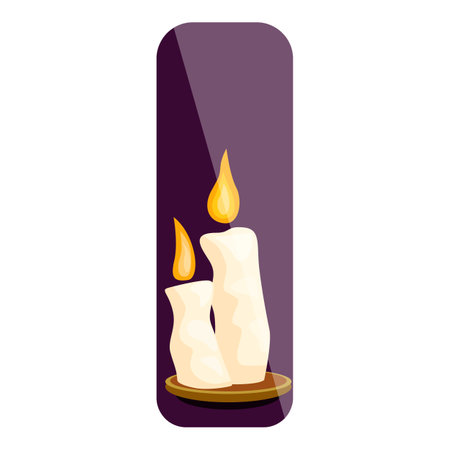 Two white candles are burning on a golden plate, creating a romantic and cozy atmosphereのイラスト素材