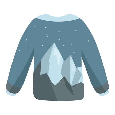 Blue sweater with long sleeves featuring snowy mountains and starry sky printのイラスト素材