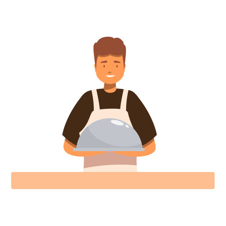 Friendly waiter is holding a covered tray, ready to serve a mealのイラスト素材