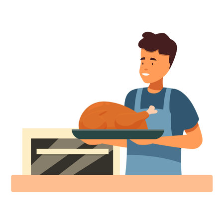 Young chef is holding a roasted turkey on a tray near the oven, ready to serveのイラスト素材