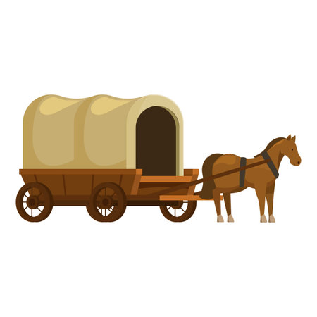 Brown horse pulling covered wagon on white backgroundのイラスト素材