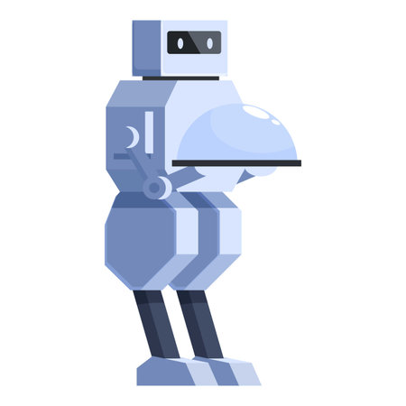 Futuristic robot waiter is holding a serving tray with a metal cloche, ready to serve a mealのイラスト素材
