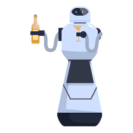 White robot waiter holding bottle and glass serving drinksのイラスト素材