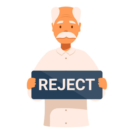 Elderly man is holding a sign with the word reject on it, expressing disapproval or disagreementのイラスト素材