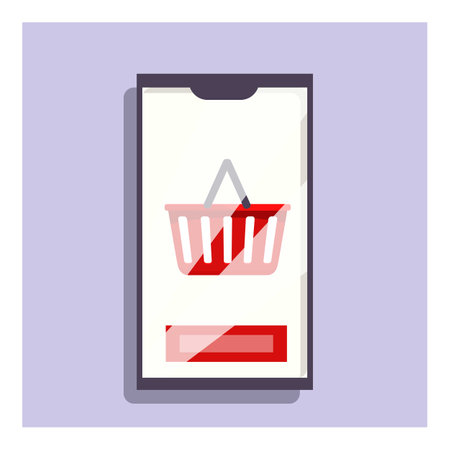Smartphone is showing a shopping basket and a red button, representing the concept of online shoppingのイラスト素材