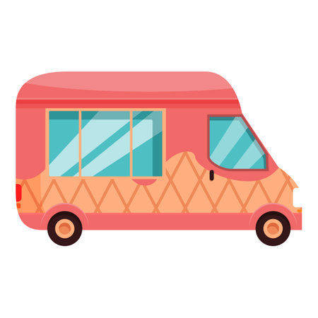 Ice cream truck decorated with an ice cream cone pattern is waiting for customersのイラスト素材