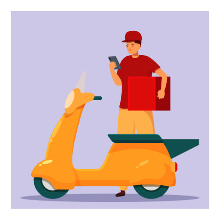 Delivery man checking address on smartphone while holding package and standing by scooterのイラスト素材