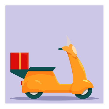 Yellow delivery scooter carrying a gift box, representing online shopping and delivery servicesのイラスト素材